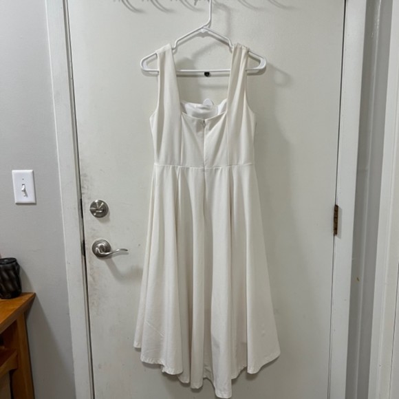 Lulus Cream Empire Waist Sleeveless Hi Low Hem Stretch Flowy Midi Dress Sz Large - Picture 7 of 13
